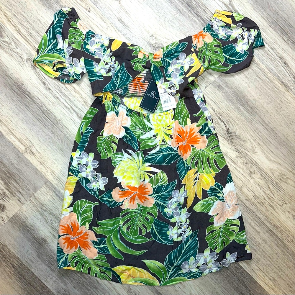 💝Volcom Escapism Slate Gray Floral Cutout Dress NWT Size S / 4 / 6